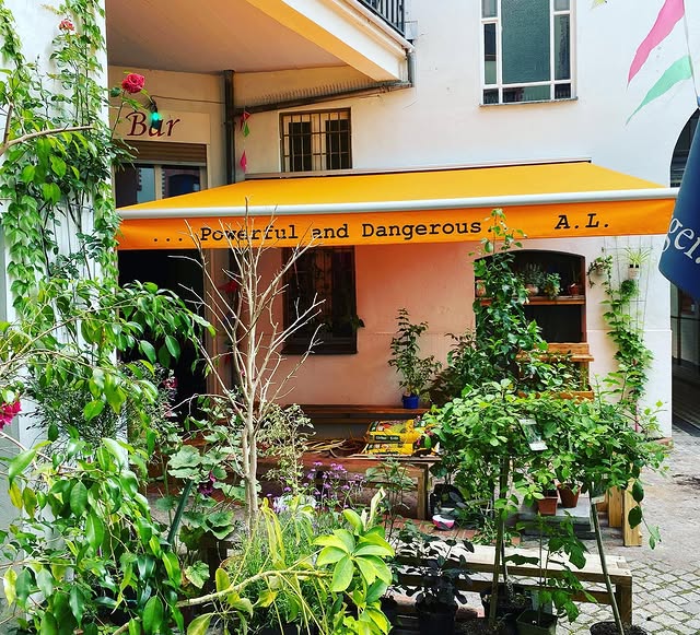 Orange Gelenkarmmarkise an der Oya Kollektivbar in Kreuzberg